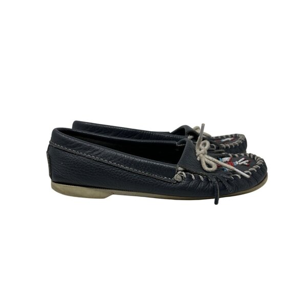 Minnetonka Womens Beaded Moccasins Black Leather Loafers Slip-On Size 6 - Picture 1 of 13